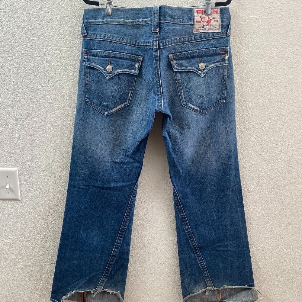 VTG Y2K True Religion Joey Flap Pocket Boot Cut Wide Leg Jeans 34 x 33 Distress